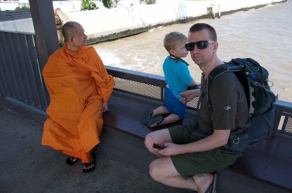 Checking out the riverfront with monk, Bangkok
