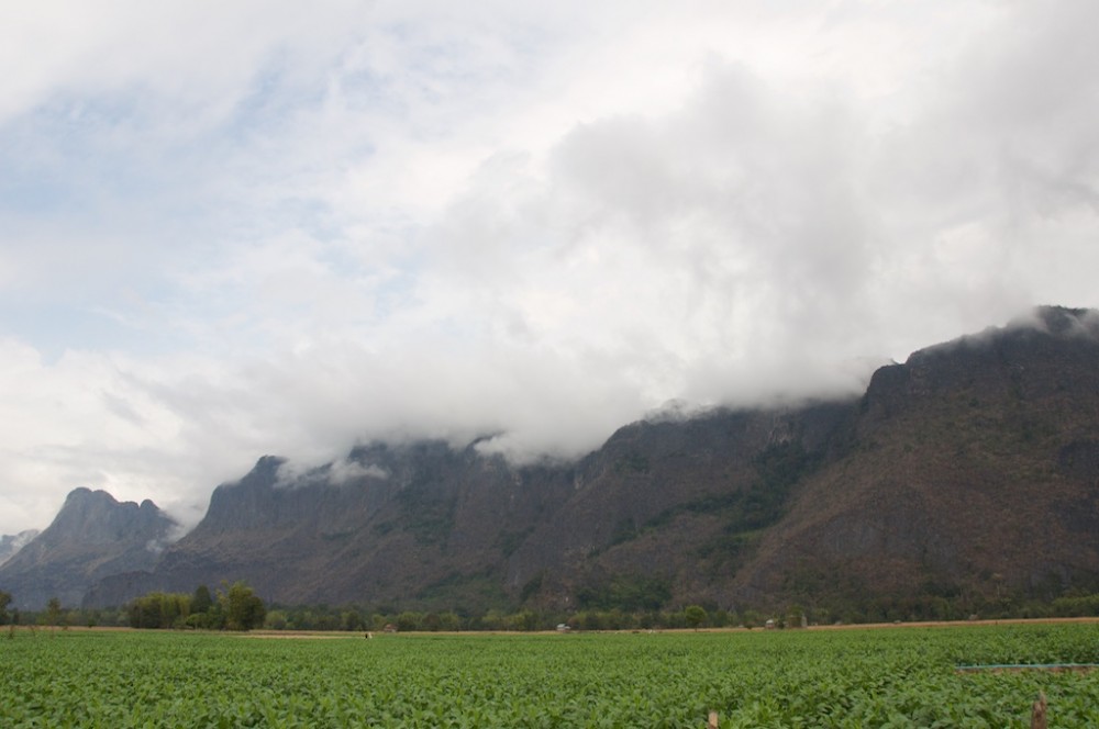 View of karst mountain with clouds near konglor Cave